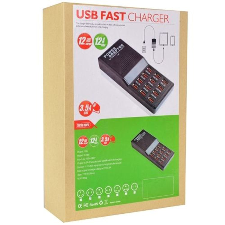 W-858 12A 12 埠 USB 快速充電座桌面智慧充電器 AC100-240V，EU 插頭，EU 插頭