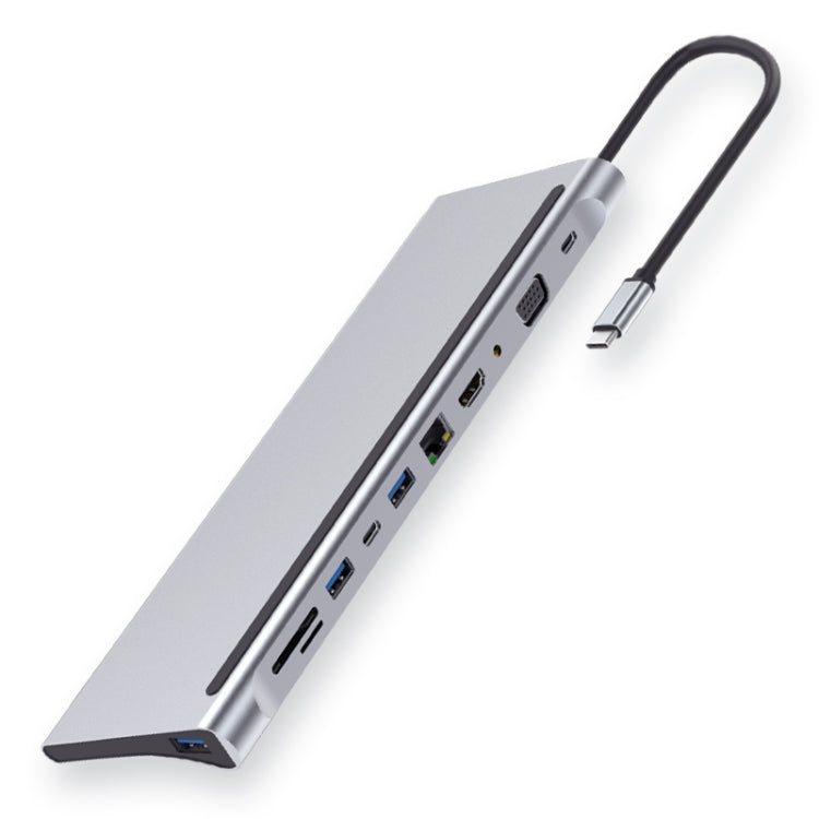 11合1 RJ45 + 87W PD + SD/TF + USBx3 + HDMI + VGA + 3.5mm AUX轉Type-C集線器轉接器，11合1