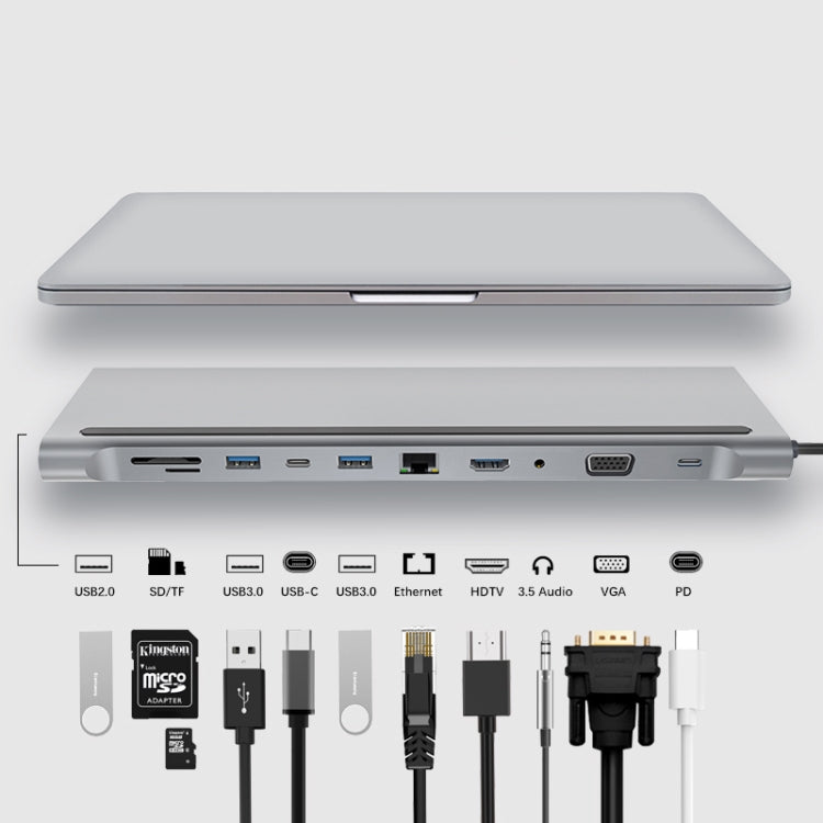 11合1 RJ45 + 87W PD + SD/TF + USBx3 + HDMI + VGA + 3.5mm AUX轉Type-C集線器轉接器，11合1