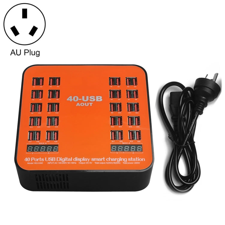 WLX-840 200W 40 埠 USB 數字顯示智能充電站 AC100-240V，澳洲插頭（黑+橙）、澳洲插頭
