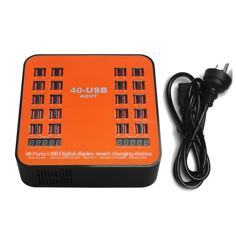 WLX-840 200W 40 埠 USB 數字顯示智能充電站 AC100-240V，澳洲插頭（黑+橙）、澳洲插頭