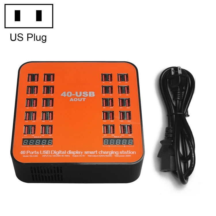 WLX-840 200W 40 埠 USB 數字顯示智能充電站 AC100-240V，美國插頭（黑+橙）、美國插頭