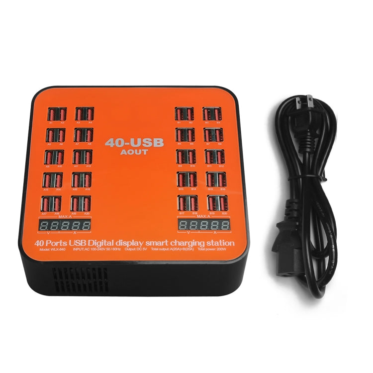 WLX-840 200W 40 埠 USB 數字顯示智能充電站 AC100-240V，美國插頭（黑+橙）、美國插頭