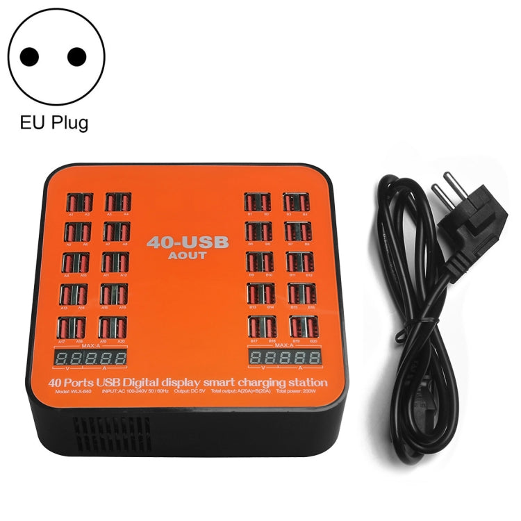 WLX-840 200W 40 埠 USB 數字顯示智能充電站 AC100-240V，歐洲插頭（黑+橙）、歐洲插頭