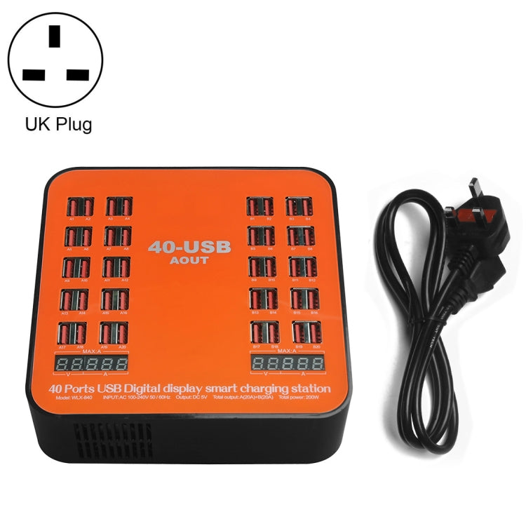 WLX-840 200W 40 埠 USB 數字顯示智能充電站 AC100-240V，英國插頭（黑+橙）、英國插頭