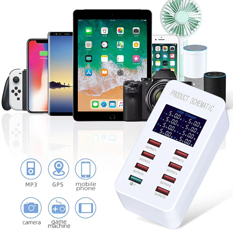 A8 50W 8 埠 USB + QC3.0 智能充電站，帶數字顯示 AC100-240V，歐洲插頭，A8 歐洲插頭