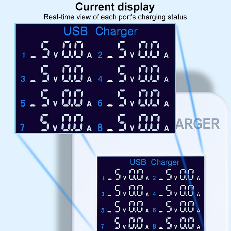 A8 50W 8 埠 USB + QC3.0 智能充電站，帶數字顯示 AC100-240V，英國插頭，A8 英國插頭