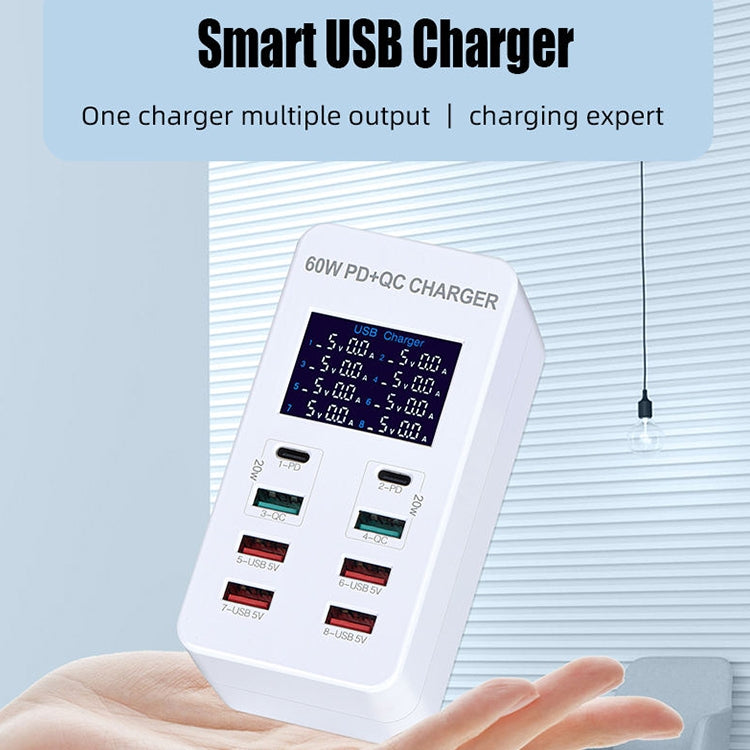 A8T 60W 8 埠 USB + QC3.0 + PD Type-C 智能充電站，帶數字顯示 AC100-240V，澳洲插頭，A8T 澳洲插頭