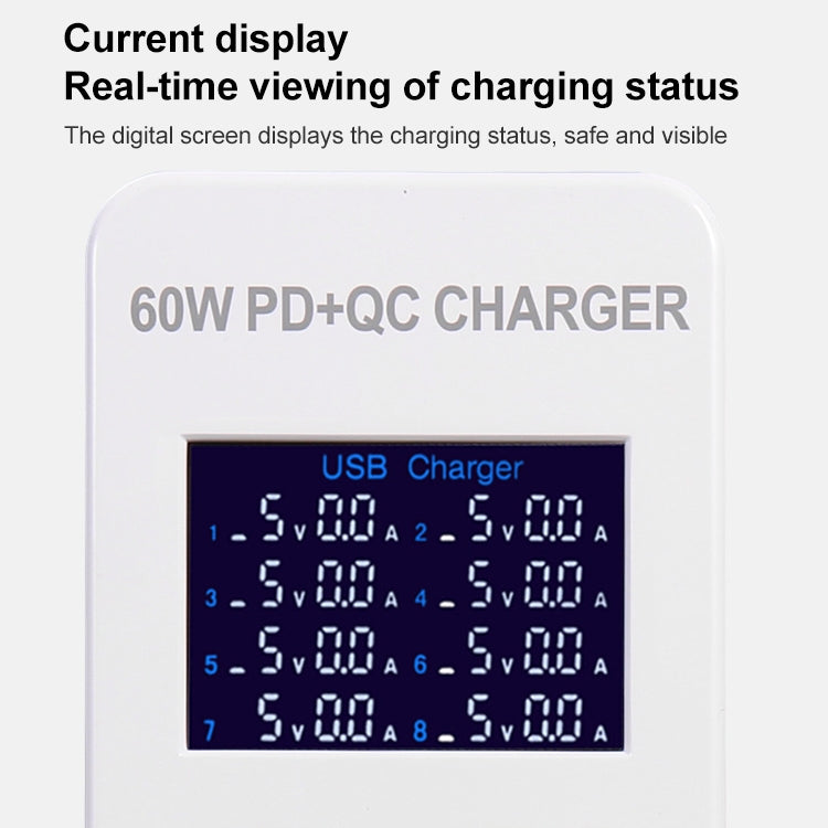 A8T 60W 8 埠 USB + QC3.0 + PD Type-C 智能充電站，帶數字顯示 AC100-240V，歐洲插頭，A8T 歐洲插頭
