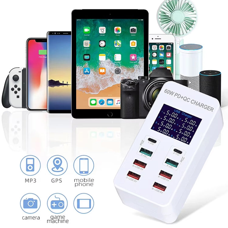 A8T 60W 8 埠 USB + QC3.0 + PD Type-C 智能充電站，帶數字顯示 AC100-240V，歐洲插頭，A8T 歐洲插頭