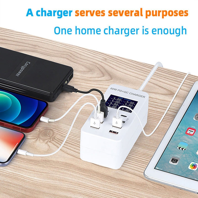 A8T 60W 8 埠 USB + QC3.0 + PD Type-C 智能充電站，帶數字顯示 AC100-240V，歐洲插頭，A8T 歐洲插頭