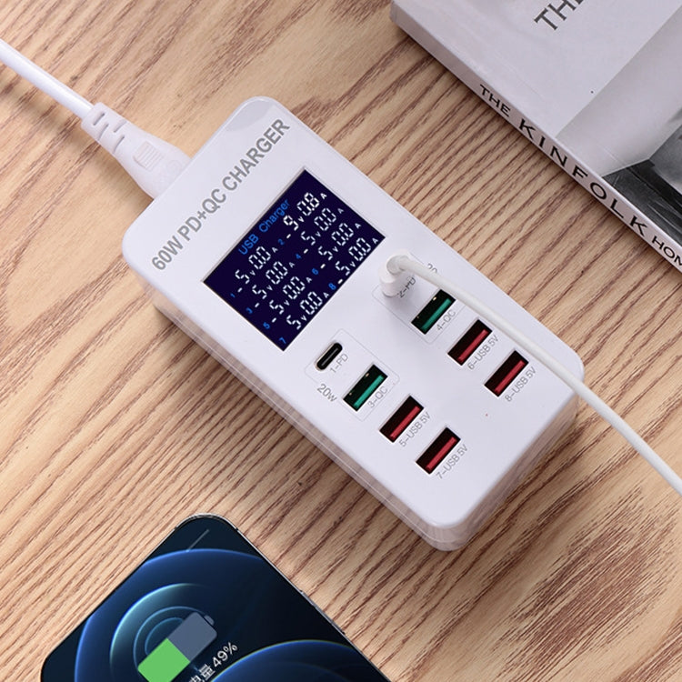 A8T 60W 8 埠 USB + QC3.0 + PD Type-C 智能充電站，帶數字顯示 AC100-240V，英國插頭，A8T 英國插頭