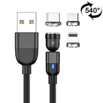 1米 3A 輸出 3 合 1 USB 轉 8 Pin + USB-C / Type-C + Micro USB 540 度旋轉磁吸數據同步充電線，1米 3 合 1