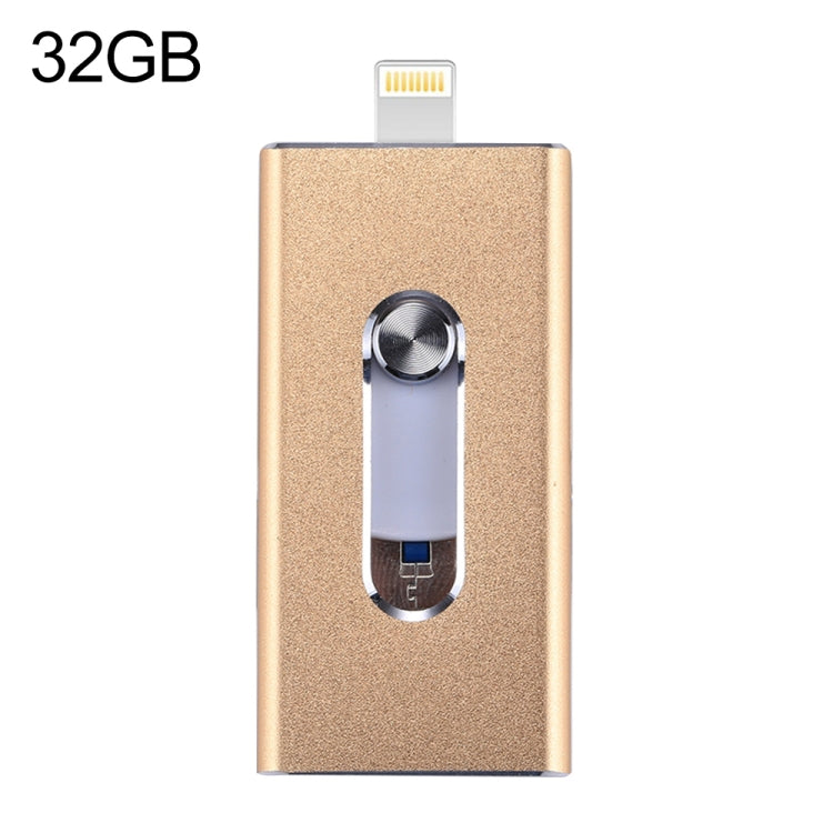 RQW-02 3 合 1 USB 2.0、8 針及 Micro USB 32GB 隨身碟，RQW-02 金色