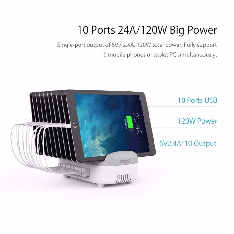 ORICO DUK-10P 120W 10 埠 USB 智能充電站附手機和平板支架，歐規插頭，歐規插頭（黑色），歐規插頭（白色），美規插頭（黑色），美規插頭（白色），英規插頭（黑色），英規插頭（白色），澳規插頭（黑色），澳規插頭（白色）