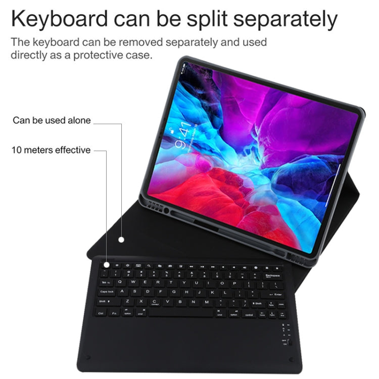 T129 可拆式藍牙黑色鍵盤超細纖維皮革平板保護套，適用於 iPad Pro 12.9 吋（2020），帶支架，黑色鍵盤