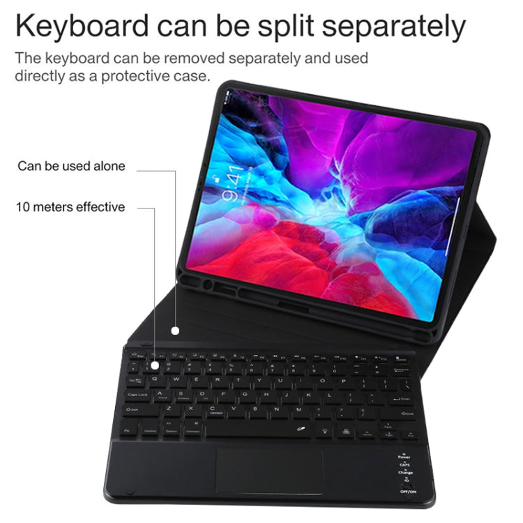 TG11BCS 可拆式藍牙黑色鍵盤超細纖維皮革平板保護套，適用於 iPad Pro 11 吋（2020），帶背光、觸控板、筆槽及筆架，黑色鍵盤