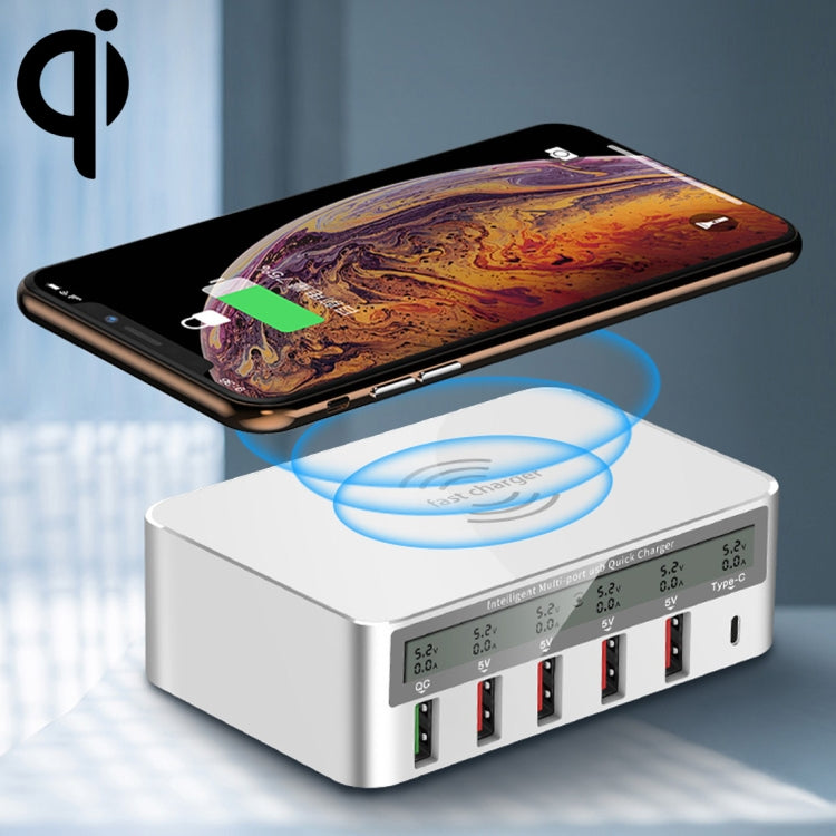 WLX-818F 六合一 10W QC3.0 無線充電 + USB-C / Type-C + 四埠 USB 充電器附智慧 LCD 顯示屏，歐規 / 澳規插頭，白色