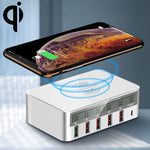 WLX-818F 六合一 10W QC3.0 無線充電 + USB-C / Type-C + 四埠 USB 充電器附智慧 LCD 顯示屏，歐規 / 澳規插頭，白色