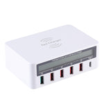 WLX-818F 六合一 10W QC3.0 無線充電 + USB-C / Type-C + 四埠 USB 充電器附智慧 LCD 顯示屏，歐規 / 澳規插頭，白色