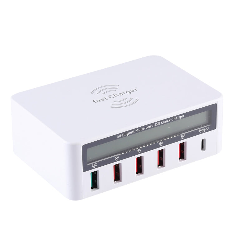 WLX-818F 六合一 10W QC3.0 無線充電 + USB-C / Type-C + 四埠 USB 充電器附智慧 LCD 顯示屏，歐規 / 澳規插頭，白色