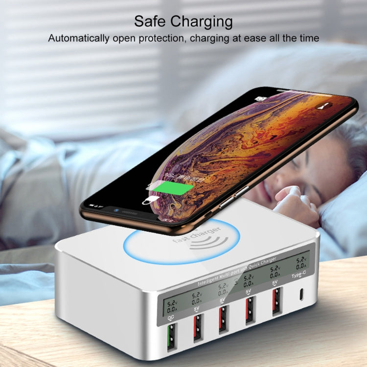 WLX-818F 六合一 10W QC3.0 無線充電 + USB-C / Type-C + 四埠 USB 充電器附智慧 LCD 顯示屏，歐規 / 澳規插頭，白色