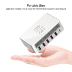 WLX-818F 六合一 10W QC3.0 無線充電 + USB-C / Type-C + 四埠 USB 充電器附智慧 LCD 顯示屏，歐規 / 澳規插頭，白色