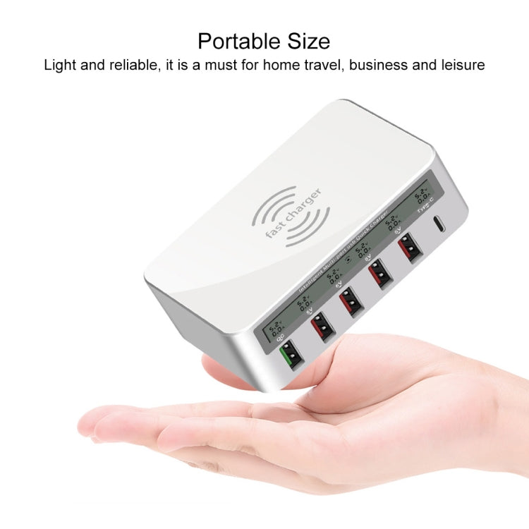 WLX-818F 六合一 10W QC3.0 無線充電 + USB-C / Type-C + 四埠 USB 充電器附智慧 LCD 顯示屏，歐規 / 澳規插頭，白色