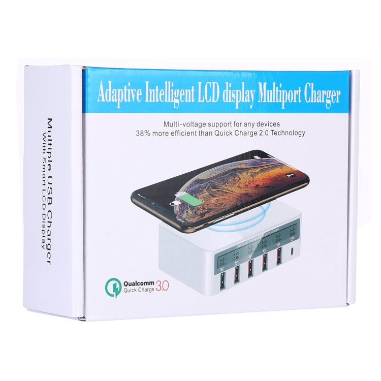 WLX-818F 六合一 10W QC3.0 無線充電 + USB-C / Type-C + 四埠 USB 充電器附智慧 LCD 顯示屏，歐規 / 澳規插頭，白色