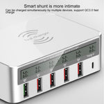 WLX-818F 六合一 10W QC3.0 無線充電 + USB-C / Type-C + 四埠 USB 充電器附智慧 LCD 顯示屏，歐規 / 澳規插頭，白色