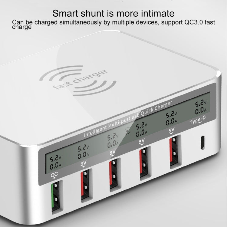 WLX-818F 六合一 10W QC3.0 無線充電 + USB-C / Type-C + 四埠 USB 充電器附智慧 LCD 顯示屏，歐規 / 澳規插頭，白色