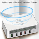 WLX-818F 六合一 10W QC3.0 無線充電 + USB-C / Type-C + 四埠 USB 充電器附智慧 LCD 顯示屏，歐規 / 澳規插頭，白色