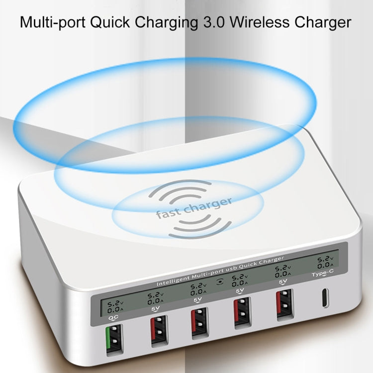 WLX-818F 六合一 10W QC3.0 無線充電 + USB-C / Type-C + 四埠 USB 充電器附智慧 LCD 顯示屏，歐規 / 澳規插頭，白色