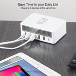 WLX-818F 六合一 10W QC3.0 無線充電 + USB-C / Type-C + 四埠 USB 充電器附智慧 LCD 顯示屏，歐規 / 澳規插頭，白色
