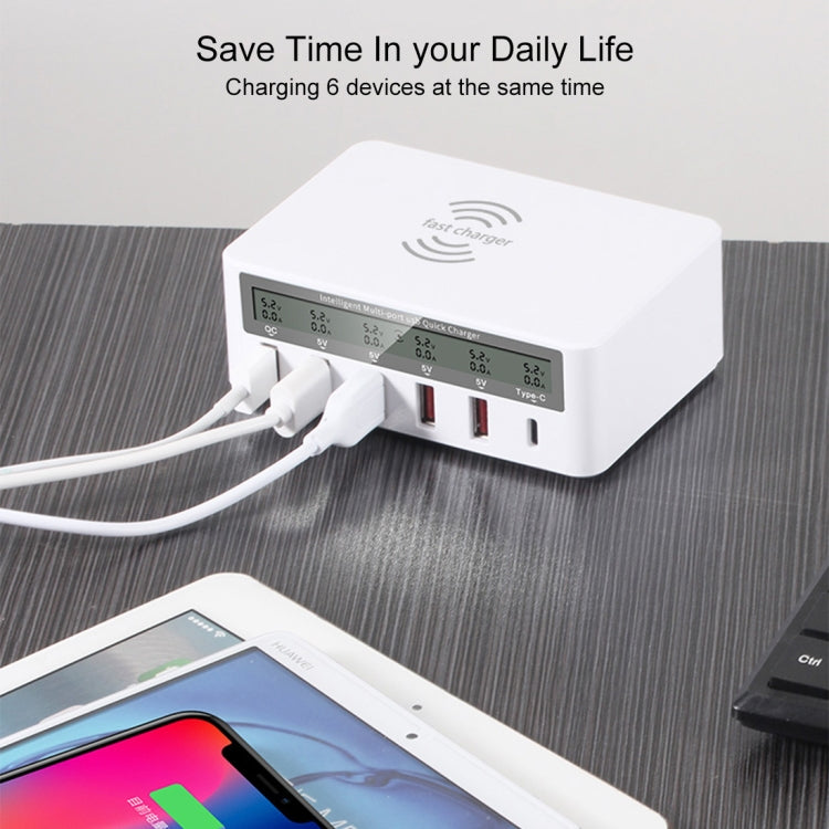 WLX-818F 六合一 10W QC3.0 無線充電 + USB-C / Type-C + 四埠 USB 充電器附智慧 LCD 顯示屏，歐規 / 澳規插頭，白色