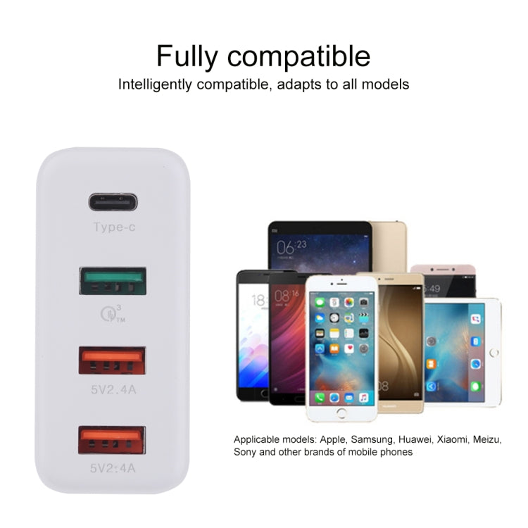 A3P 最大輸出 3A USB-C / Type-C + QC3.0 + 雙 USB 四埠壁掛旅行充電器，歐規插頭，歐規插頭
