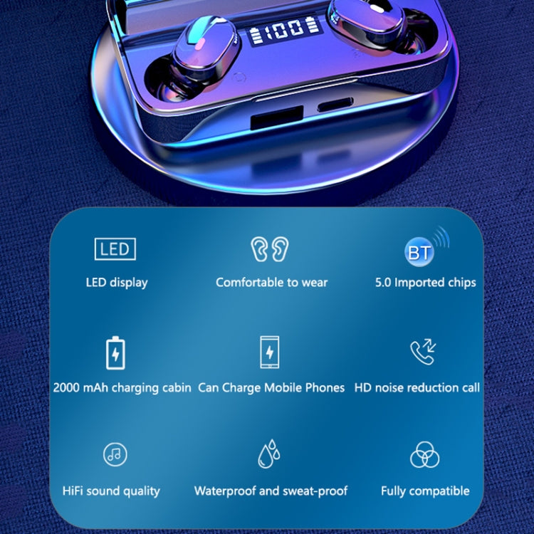 A9 TWS CVC8.0 與 DSP 雙重降噪藍牙耳機，配備磁吸充電盒與 LED 數字顯示，支援觸控、高清通話、Siri 及行動電源，A9