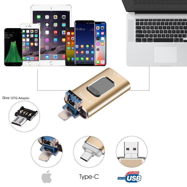 Richwell 3 合 1 64G Type-C + 8 針 + USB 3.0 金屬推拉式隨身碟，具 OTG 功能