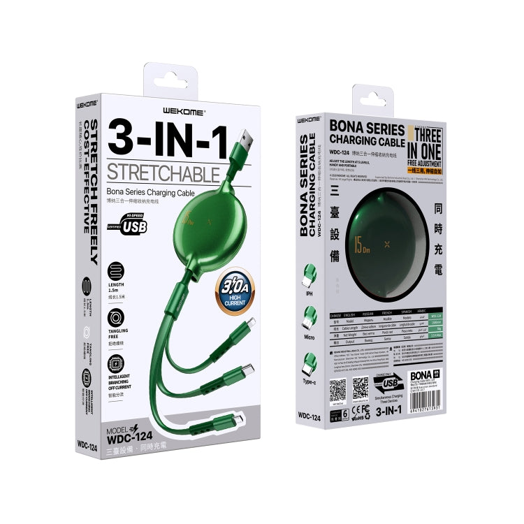 WK WDC-124 3A 3合1 8針 + Type-C / USB-C + Micro USB Bona系列伸縮充電數據線，長度：1.5m
