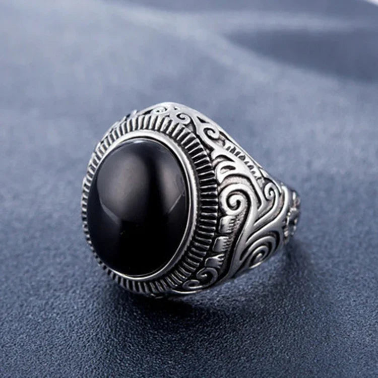 歐美風格復古寶石綠松石男士鈦鋼戒指，尺寸：12，直徑：21.5mm，周長：67.5mm，直徑：21.5mm