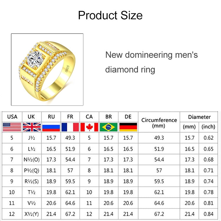 時尚新款鍍金 + AAA鋯石鑲嵌男士鑽石戒指，尺寸：9，直徑：18.9mm，周長：59.5mm，直徑：18.9mm