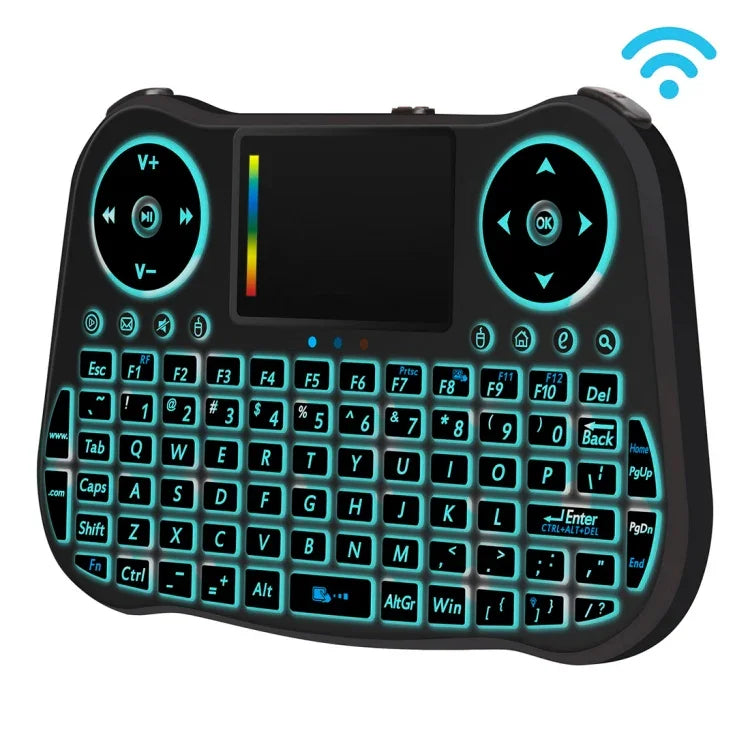 MT08 2.4GHz 迷你無線空中滑鼠 QWERTY 鍵盤，帶彩色背光、觸控板及多媒體控制，適用於 PC、電視，MT08