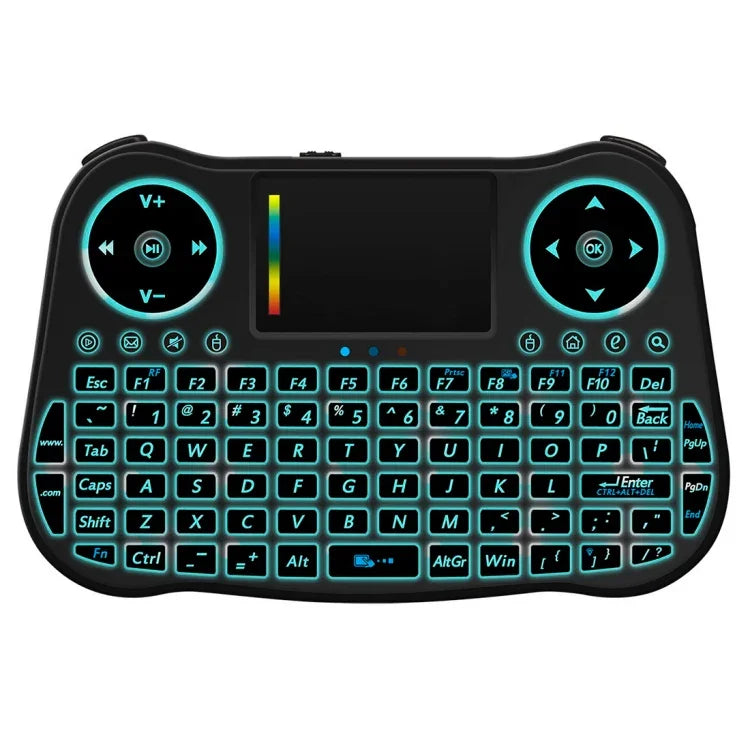 MT08 2.4GHz 迷你無線空中滑鼠 QWERTY 鍵盤，帶彩色背光、觸控板及多媒體控制，適用於 PC、電視，MT08