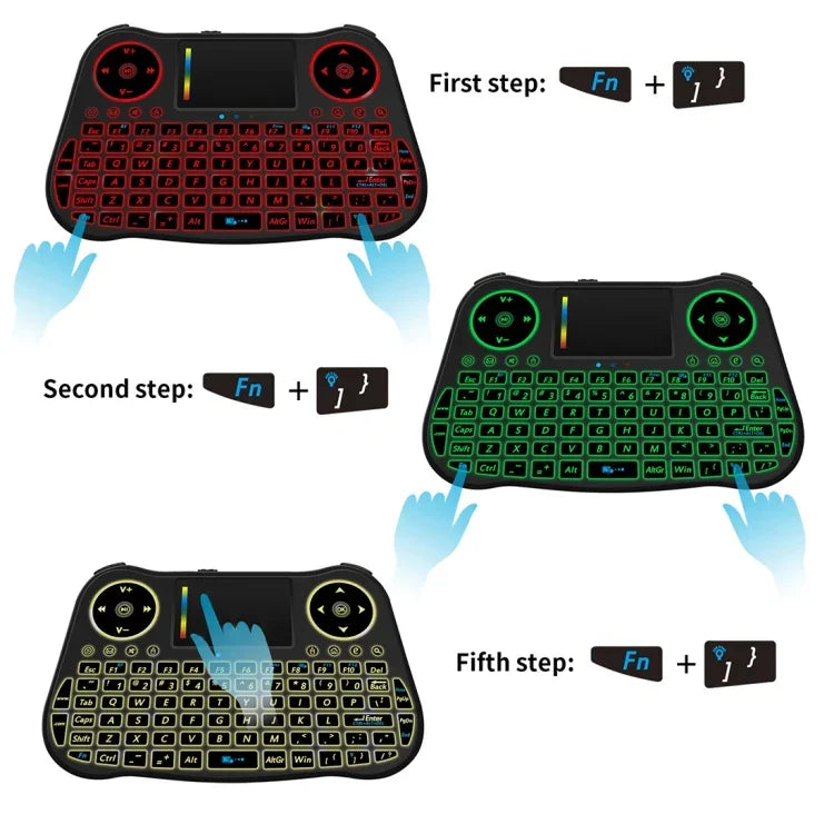 MT08 2.4GHz 迷你無線空中滑鼠 QWERTY 鍵盤，帶彩色背光、觸控板及多媒體控制，適用於 PC、電視，MT08