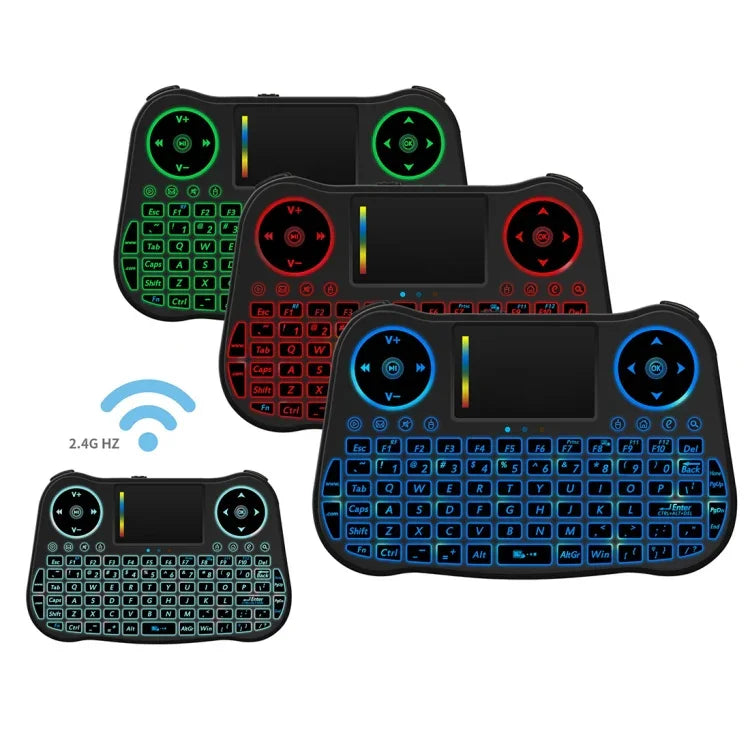 MT08 2.4GHz 迷你無線空中滑鼠 QWERTY 鍵盤，帶彩色背光、觸控板及多媒體控制，適用於 PC、電視，MT08
