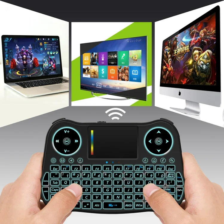 MT08 2.4GHz 迷你無線空中滑鼠 QWERTY 鍵盤，帶彩色背光、觸控板及多媒體控制，適用於 PC、電視，MT08