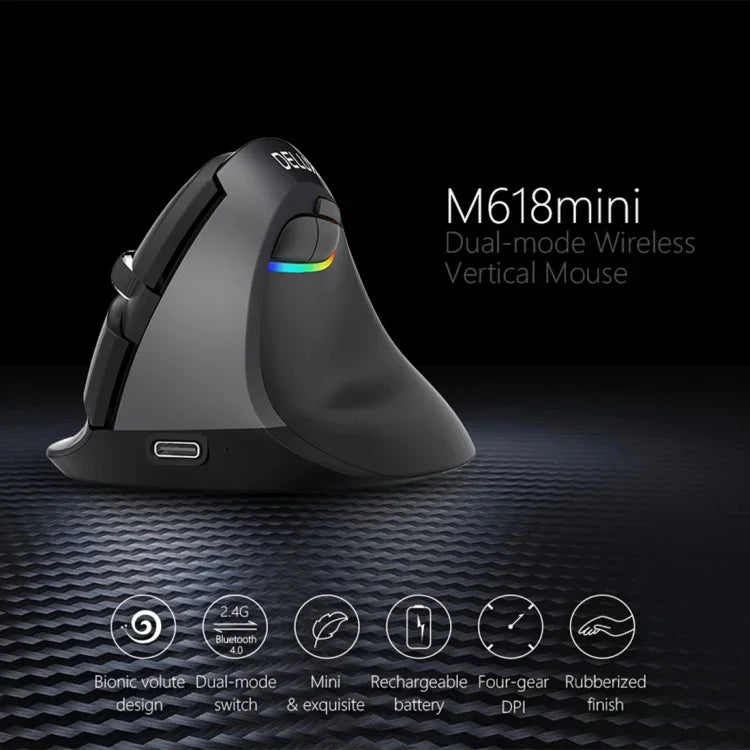 DELUX M618 迷你 2.4G 無線 2400DPI USB 可充電人體工學垂直滑鼠，M618 灰色