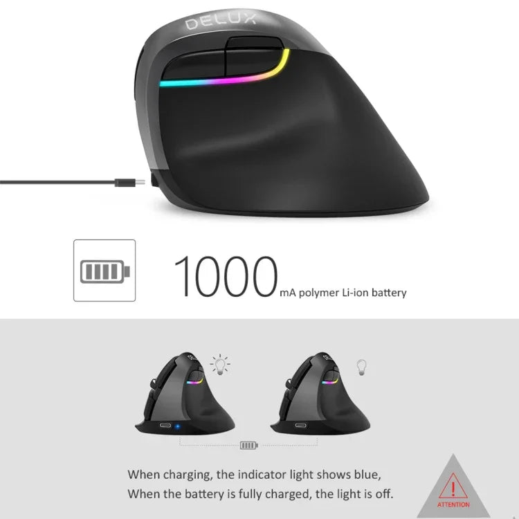 DELUX M618 迷你 2.4G 無線 2400DPI USB 可充電人體工學垂直滑鼠，M618 灰色