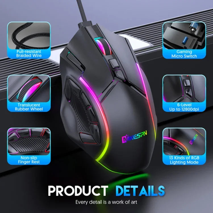 MKESPN X15 全速 12800DPI 12 鍵巨集定義 RGB 有線滑鼠，x15