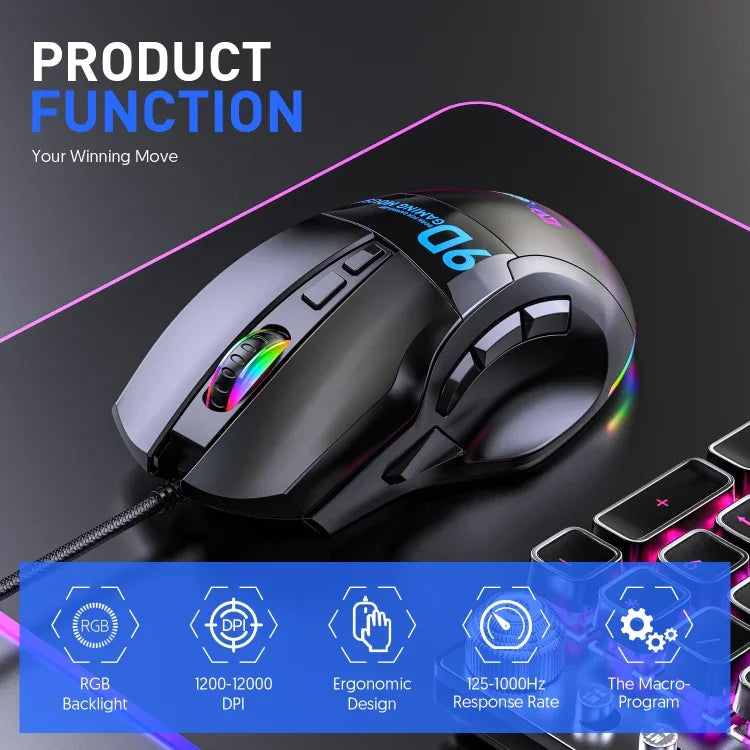MKESPN X10 9 鍵 RGB 有線全速巨集定義遊戲滑鼠，全速巨集定義